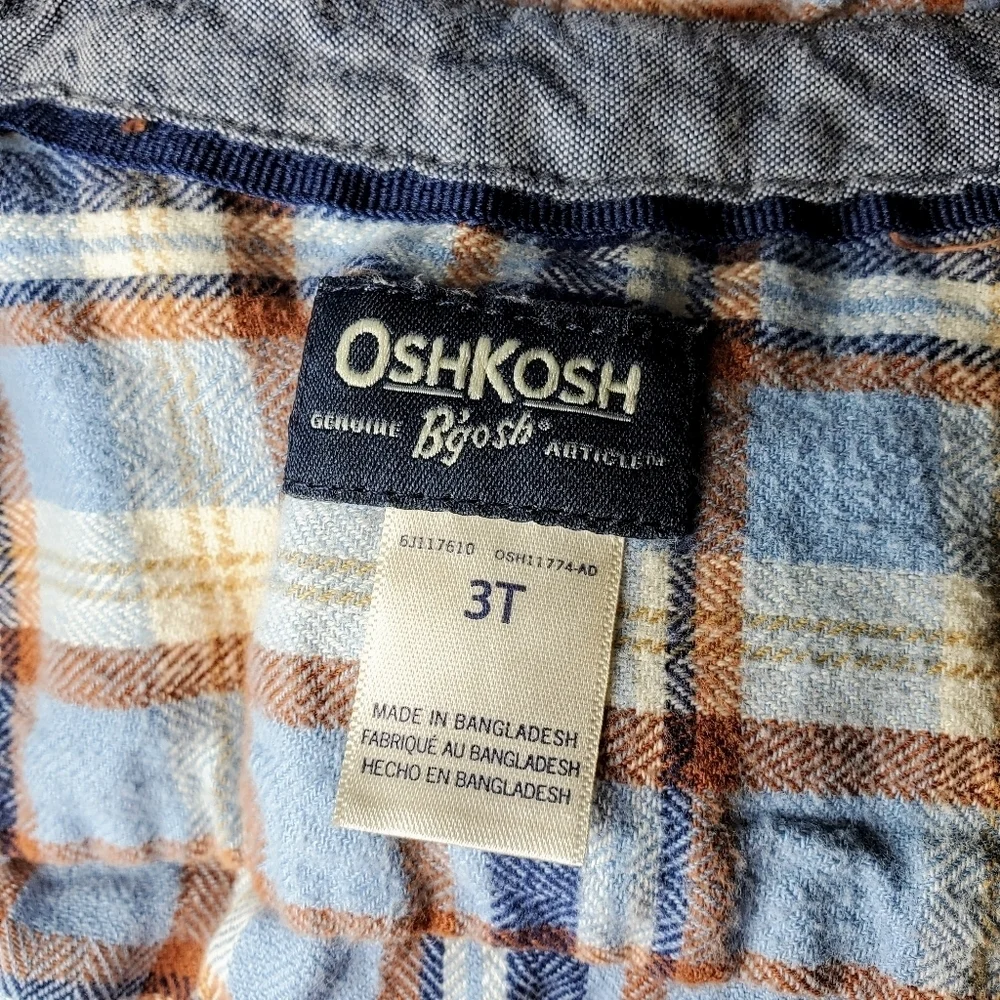 OshKosh B'gosh Blue Plaid Flannel Button Down Shirt Toddler Boy Size 3T EUC